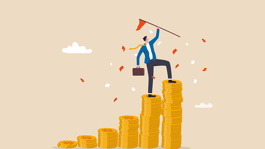 Man holding briefcase climbing up stack of coins