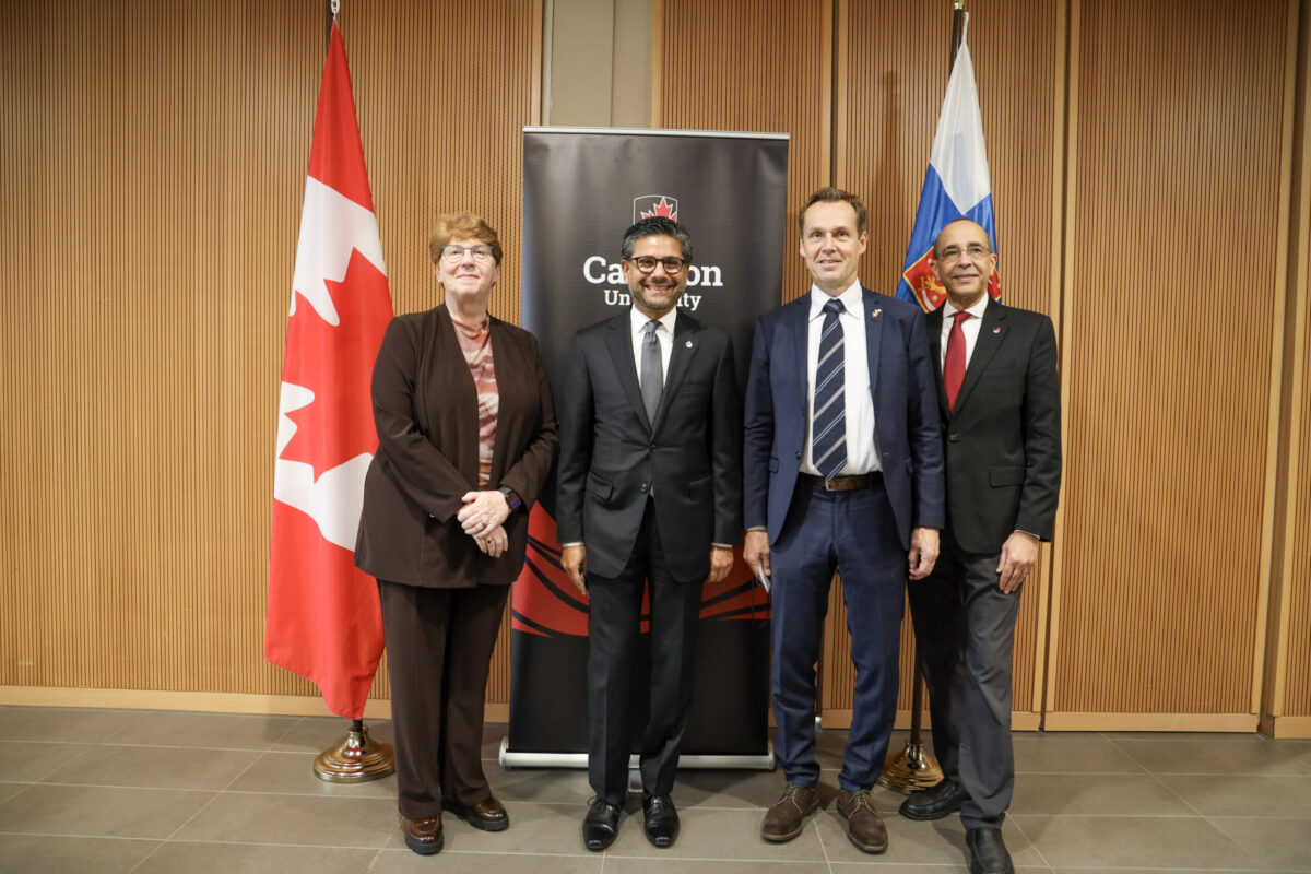 Carleton Provost and Vice-President (Academic) L. Pauline Rankin, Canada’s Parliamentary Secretary to the Minister of International Trade and to the Secretary of State Yasir Naqvi, Embassy of Finland trade commissioner Jaakko Autere and Carleton Vice-President (Research, Innovation and International) Rafik Goubran gather at the Northern Entanglement Partnership launch.