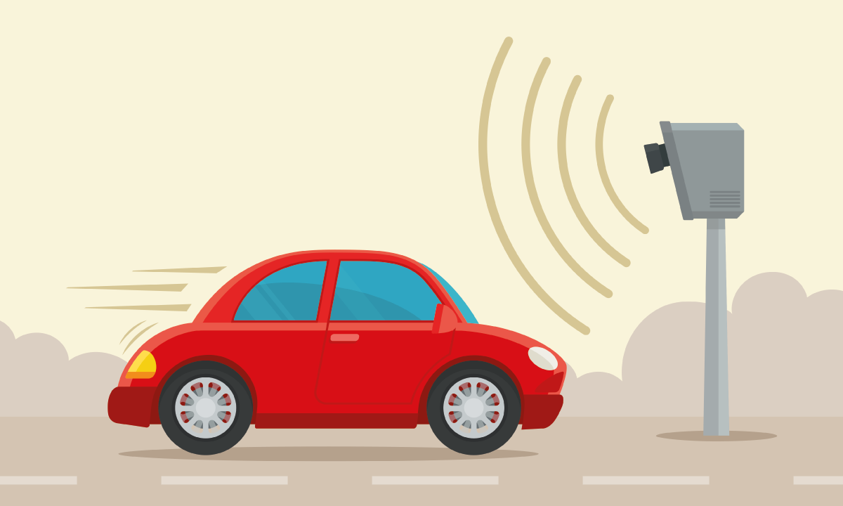 Geschwindigkeitskontrollkamera. Radar zur Überwachung der Fahrzeuggeschwindigkeit auf der Autobahn. Stadtverkehr. Vektorgrafik, flaches Design, Cartoon-Stil. Einziger Hintergrund. Seitenansicht.