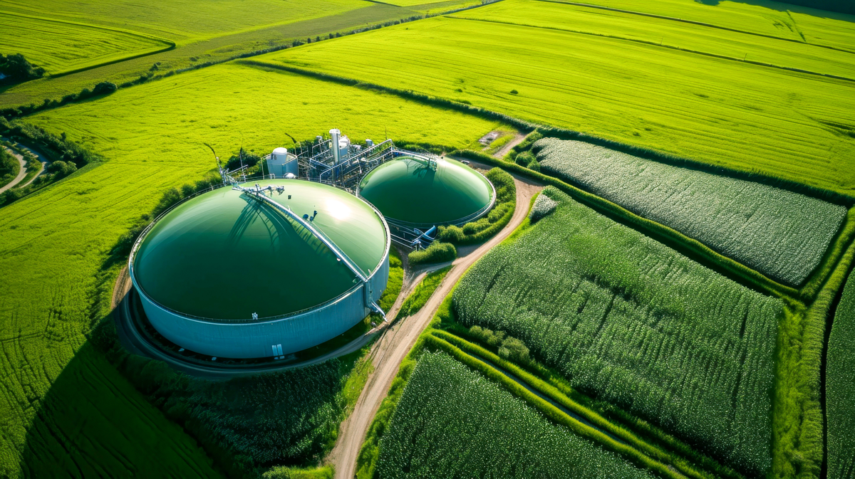 Aerial View of Biogas Plant in Lush Green Agricultural Field