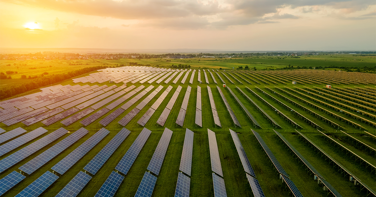 Aerial view of large electrical power plant with many rows of solar photovoltaic panels for producing clean ecological electric energy in morning