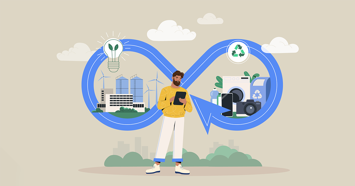 Circular economy manufacturing cycle, sustainable strategy - illustration
