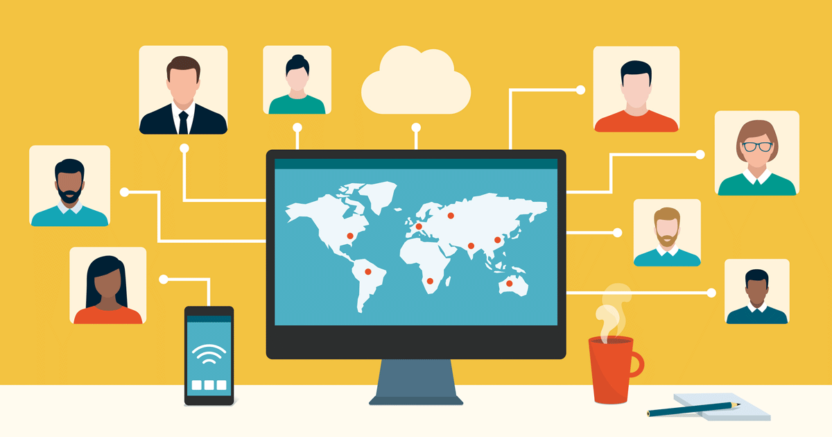 Professional workers and freelancers working together online