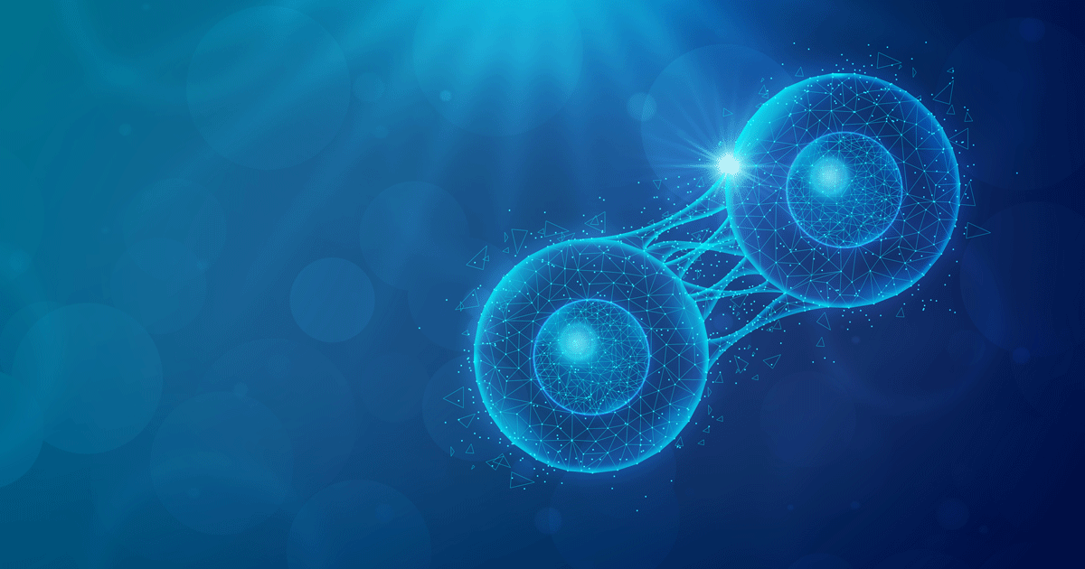 Cell Coding and Cell Reprogramming - An Engineered Cell Undergoes Division on Abstract Blue Background - Conceptual Illustration