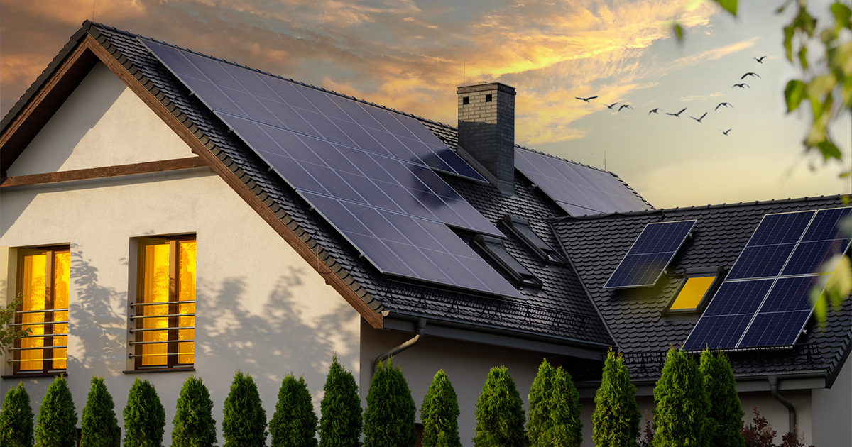 Solar photovoltaic panels on a house roof