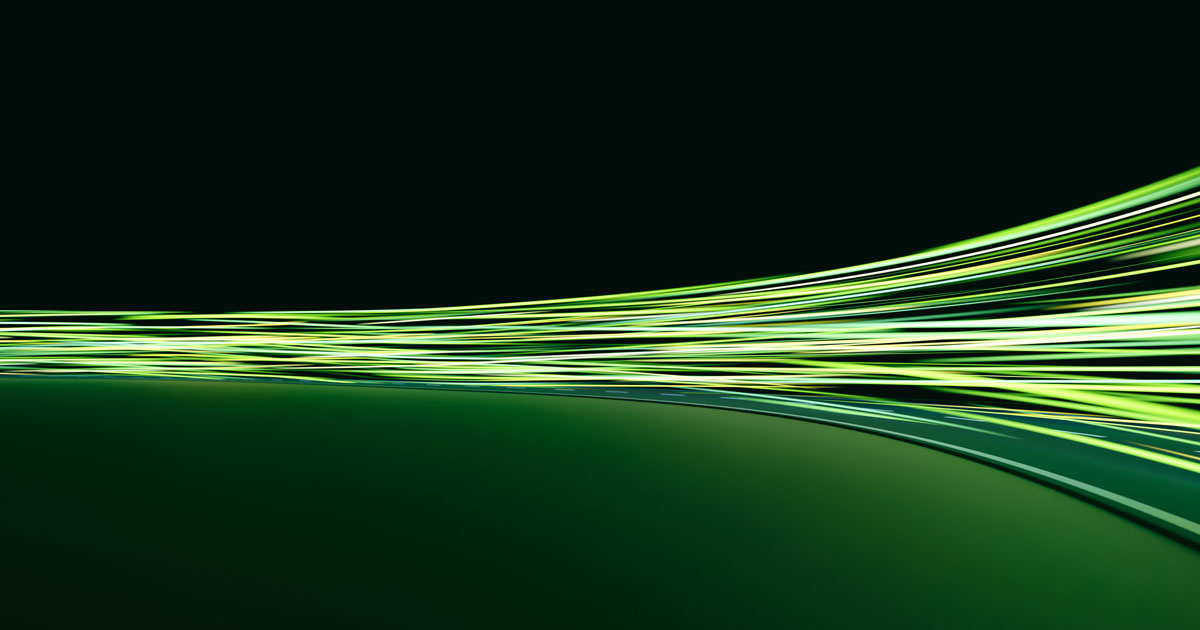 Green speed light trail on road, renewable energy highway transportation concept, clean eco power car street light at night, electric vehicle technology 3d rendering