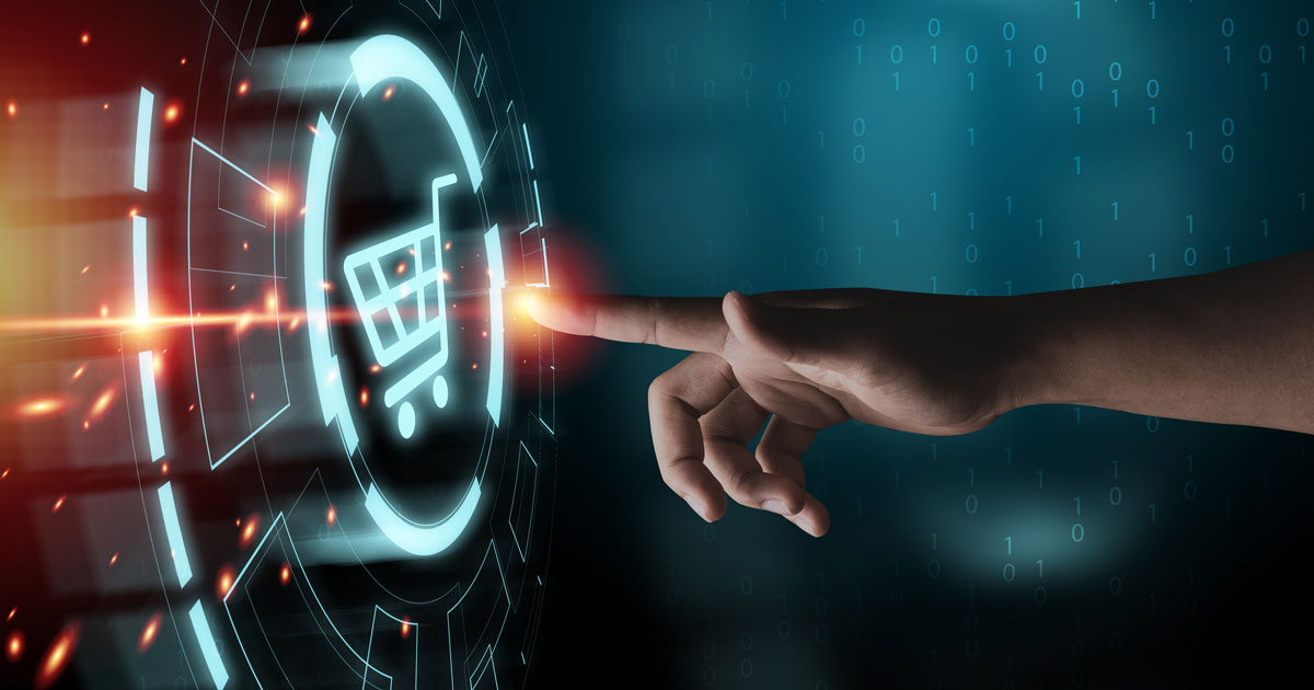 Hand touching to virtual info graphics with trolley cart icons , Technology online shopping business concept.