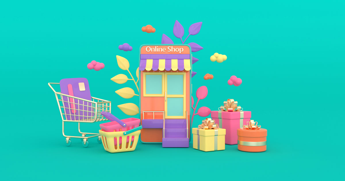 Illustration of shopping cart, basket, present box, credit card, clouds, smartphone. Online shopping concept.