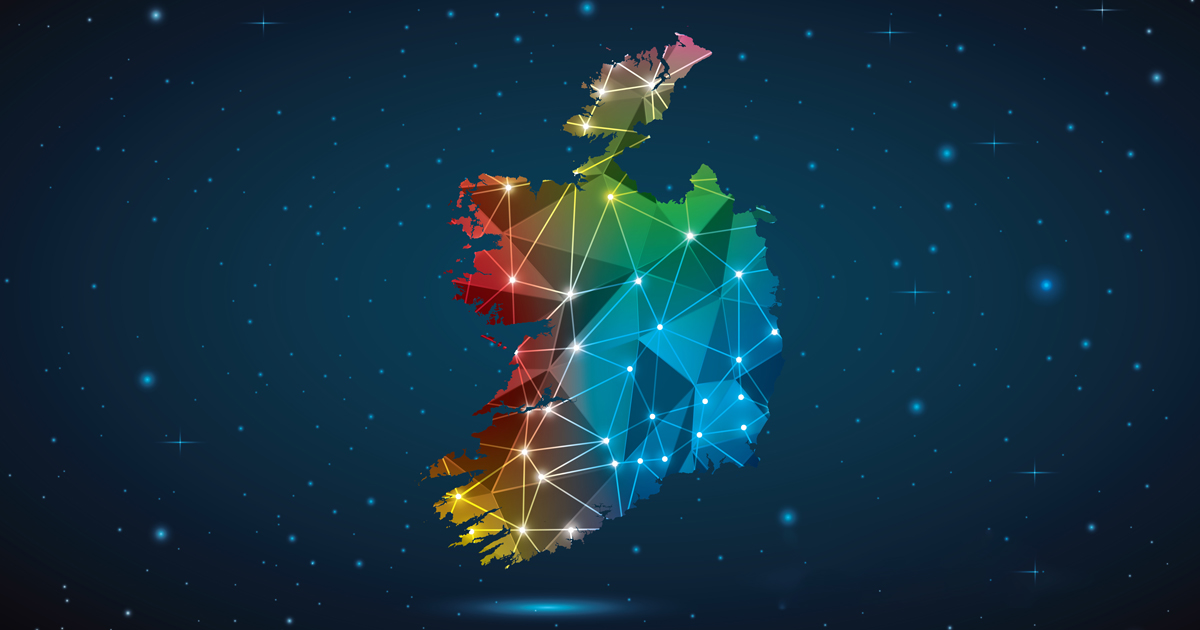 Abstract Polygon Map of Ireland. Vector Illustration Low Poly Color Rainbow on Dark Background.