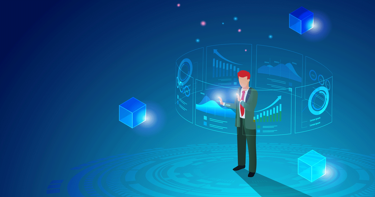 Businessman analyzing graph chart and block chain network connecting. Global business development, digital marketing, financial banking technology