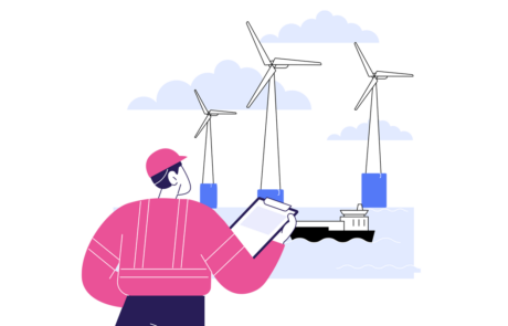 Offshore wind energy abstract concept vector illustration. Engineer looking at offshore wind turbine, ecology environment industry, sustainable technology, renewable energy abstract metaphor.