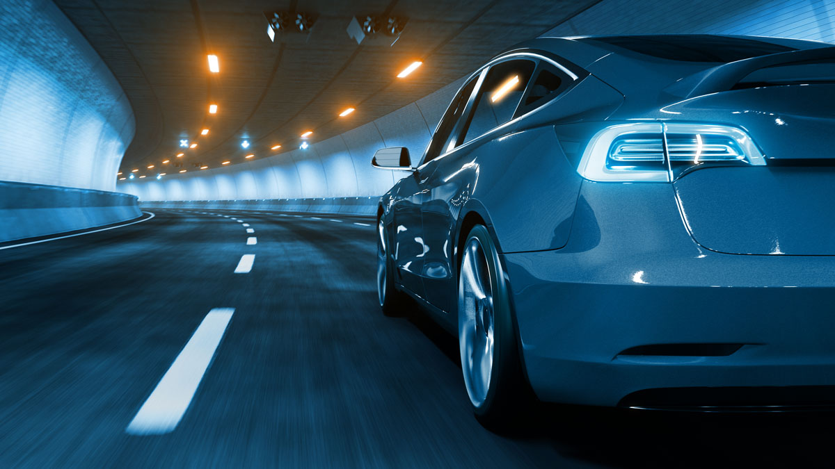Modern Electric car rides through tunnel with warm yellow light 3d rendering
