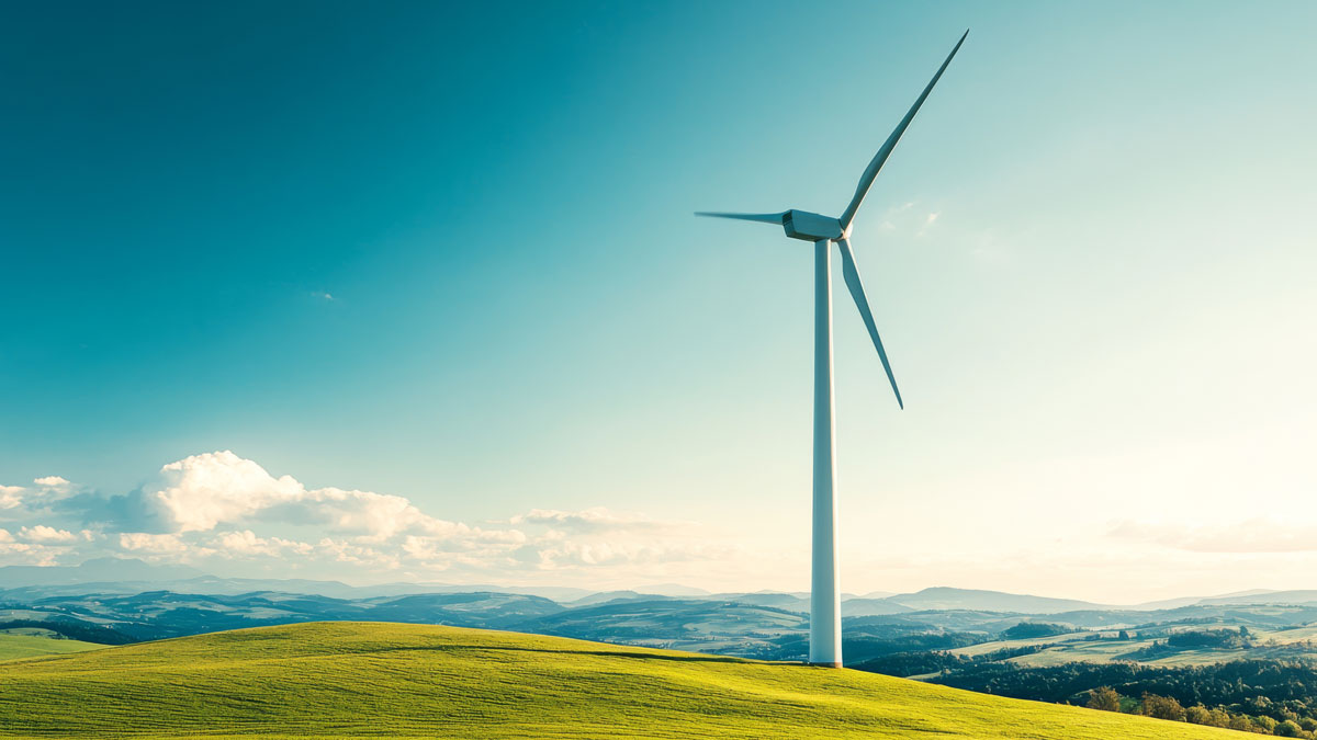 A modern wind turbine stands tall on green hills, contrasting beautifully against a clear blue sky on a sunny day