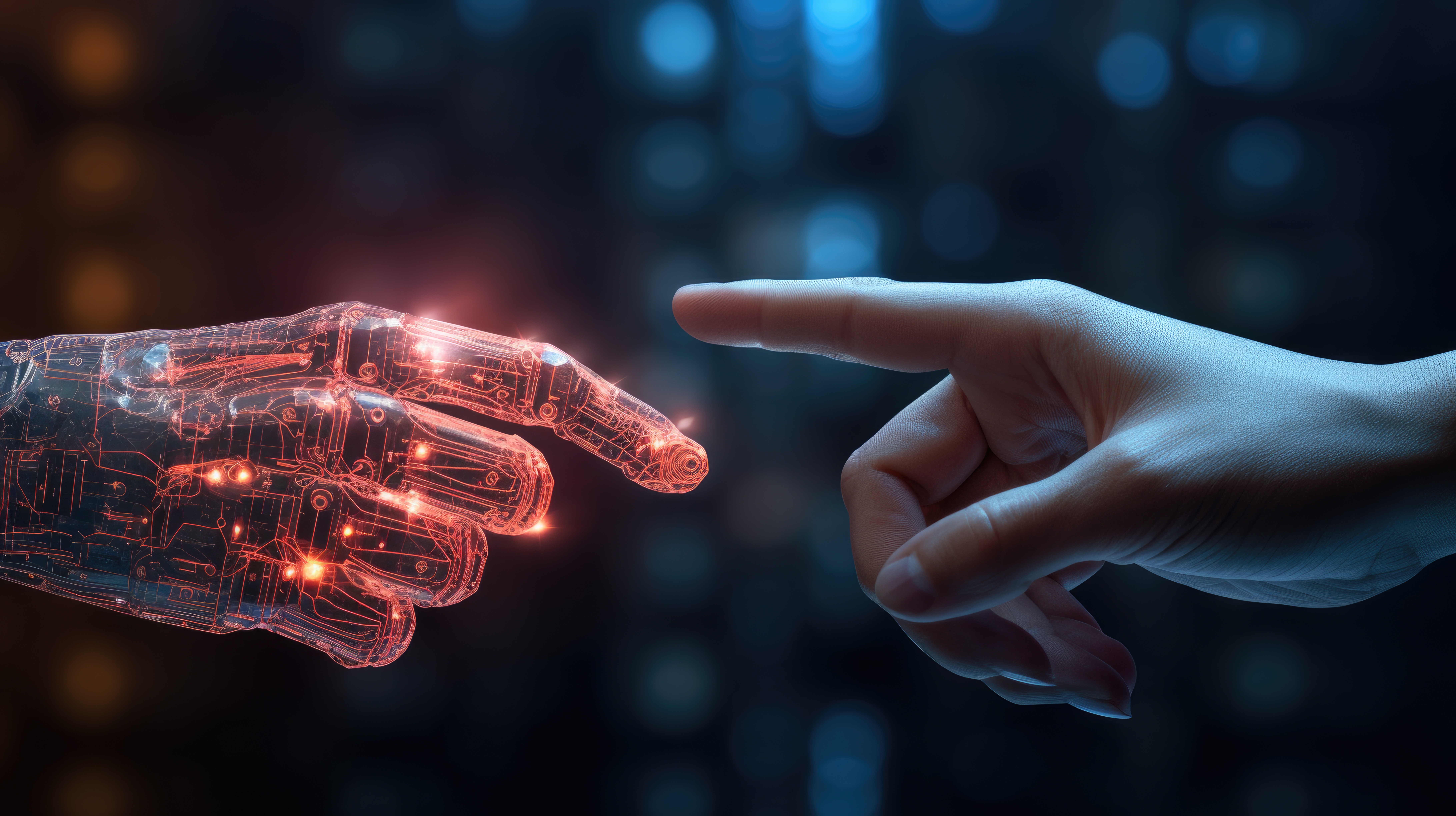 The human finger delicately touches the finger of a robot's metallic finger. Concept of harmonious coexistence of humans and AI technology