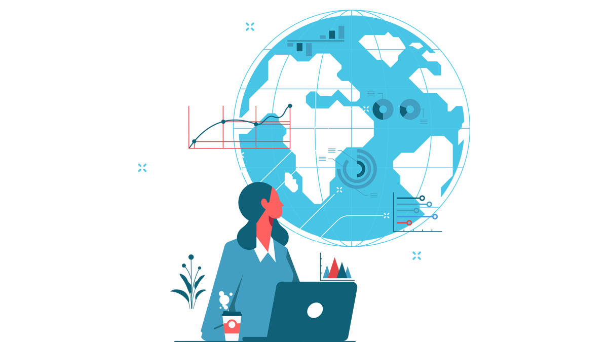 Global market analysis and international financial growth concept, data statistics gathering and marketing analysis with businesswoman making global survey research and gather information