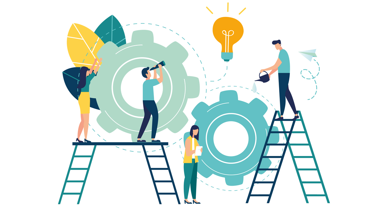 Flat vector illustration, teamwork on finding new ideas, little people launch a mechanism, search for new solutions, creative work