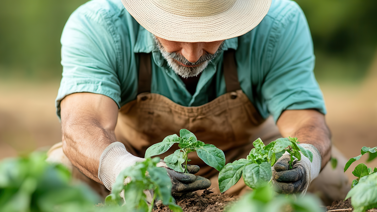 Sustainable agriculture specialist planting crops on an organic farm, showcasing eco-friendly farming techniques sustainable farming, agriculture job