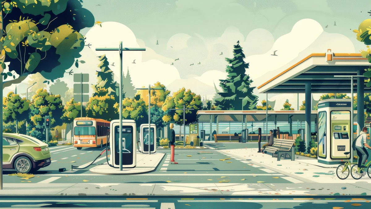 LowCarbon Transportation Hub Illustrations and digital art depicting transportation hubs designed for sustainable mobility, featuring electric vehicle charging stations, bikesharing facilities