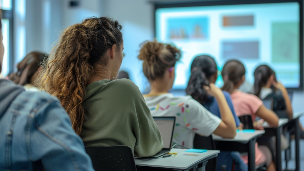 A classroom with students learning about technology and digital skills, preparing for a tech-driven workforce