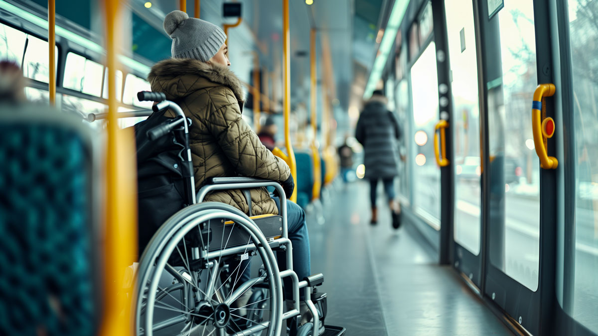 A woman in a wheelchair sits in a bus