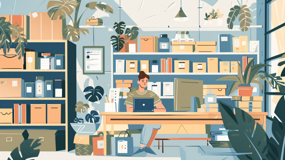 Detailed view of a small business operation at home, with a person examining products and parcels, a laptop open, and shelves filled with inventory in the background