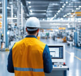 Engineer assessing quality control in a production line with digital equipment and clear focus on every detail in a large factory setting