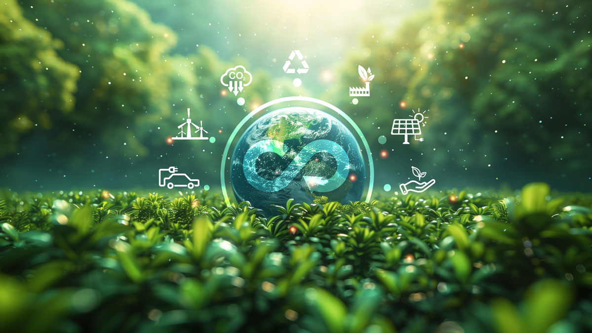 virtual globe with circular economy icons on natural and city background , Circular economy is sustainable business development in the future by use AI generative technique