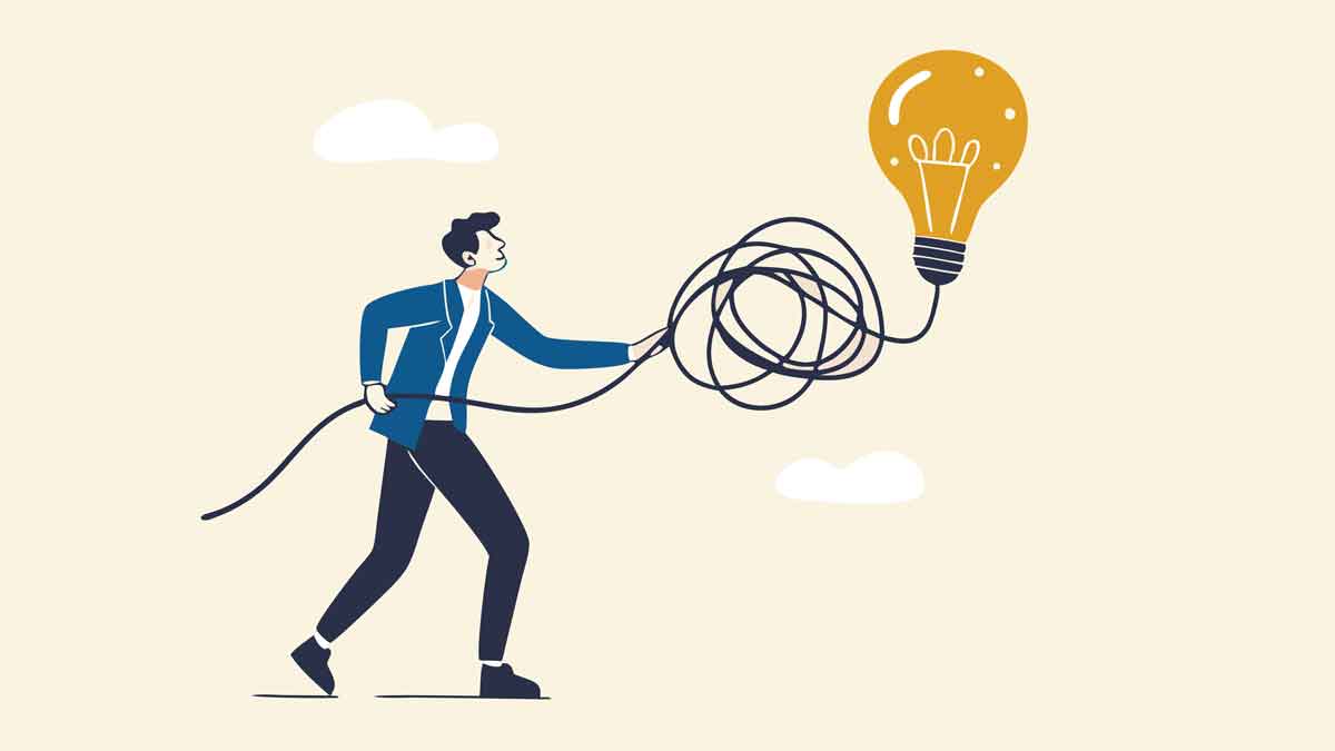 Simplify complex business idea, untangle or solve business problem, solution for messy chaos situation concept, smart businessman untangle messy line of business idea lightbulb or simplify problem
