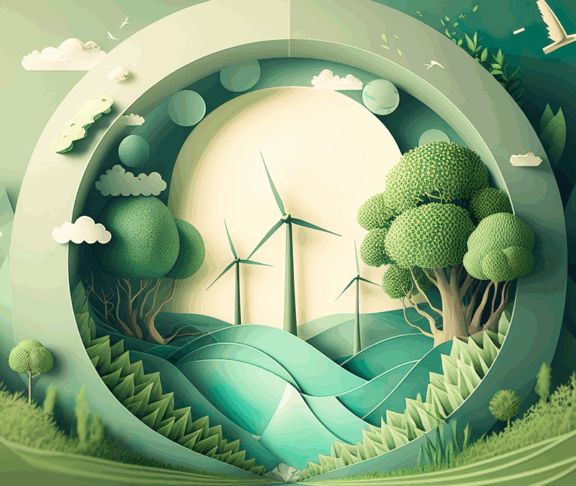 Paper art , renewable energy with green energy as wind turbines , Renewable energy by 2050 Carbon neutral energy , Energy consumption and CO2, Reduce CO2 emission concept