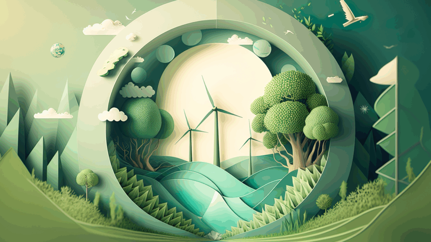 Paper art , renewable energy with green energy as wind turbines , Renewable energy by 2050 Carbon neutral energy , Energy consumption and CO2, Reduce CO2 emission concept