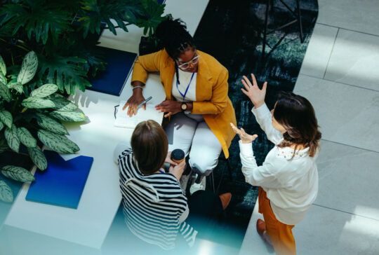 Overhead view of female colleagues discussing in modern office