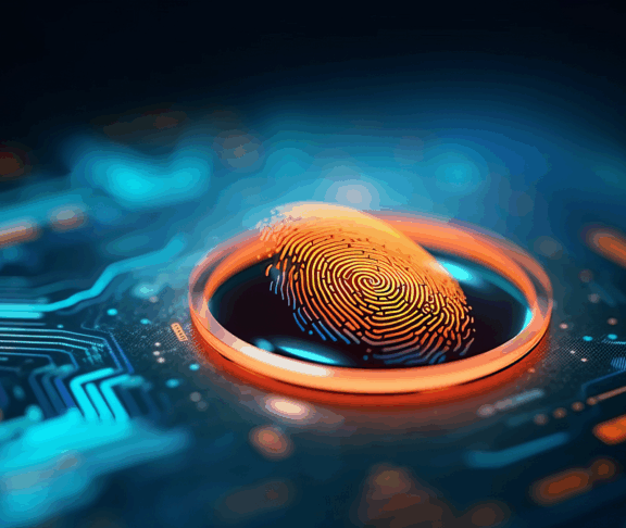 Digital fingerprint scanner, scan biometric identity and access password thru fingerprint, concept of cybersecurity and data protection, security system, generative ai
