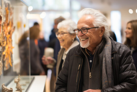 Old people attend art exhibitions
