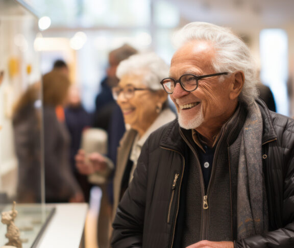 Old people attend art exhibitions