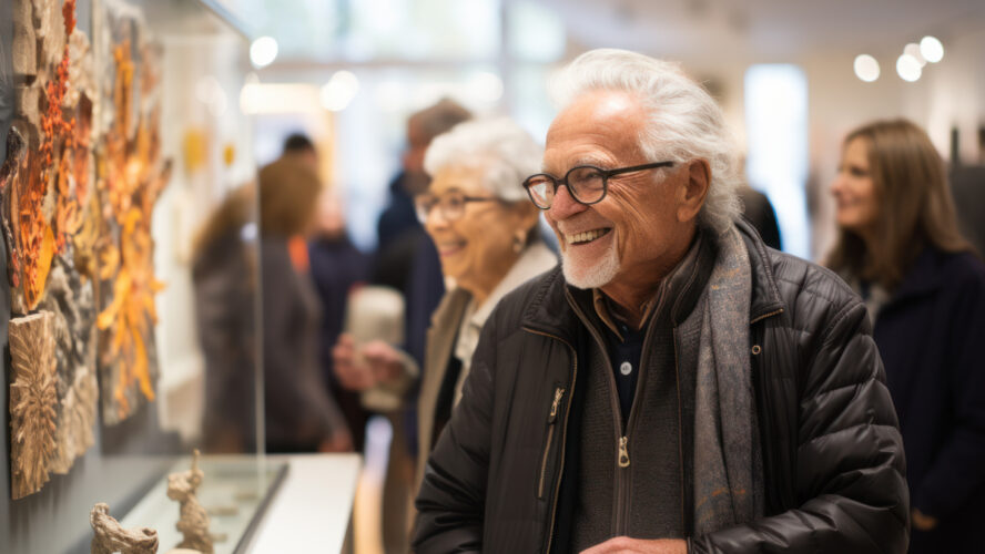 Old people attend art exhibitions