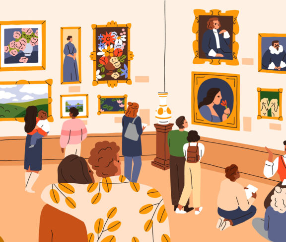 Visitors in traditional art gallery. People walk, look at classic pictures on walls at artworks exhibition in painting museum panorama. Tourists, guide in exposition hall. Flat vector illustration