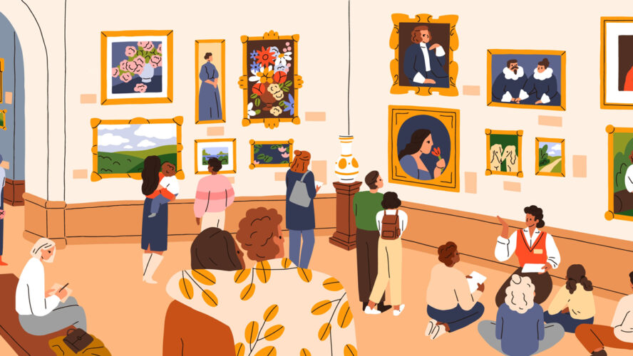 Visitors in traditional art gallery. People walk, look at classic pictures on walls at artworks exhibition in painting museum panorama. Tourists, guide in exposition hall. Flat vector illustration