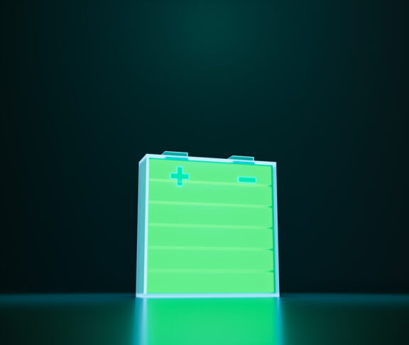 Glowing power neon light futuristic energy storage, high capacity rechargeable lithium ion battery, 3D rendering of future electric vehicle clean energy technology concept