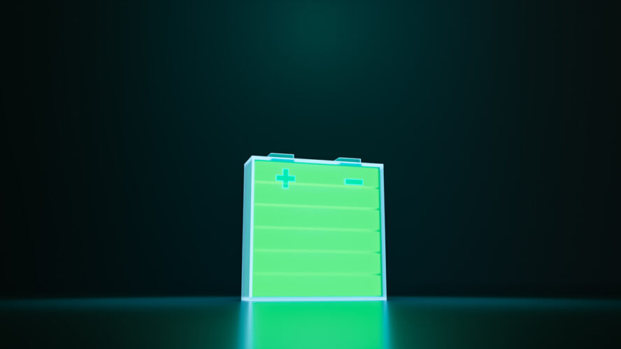 Glowing power neon light futuristic energy storage, high capacity rechargeable lithium ion battery, 3D rendering of future electric vehicle clean energy technology concept