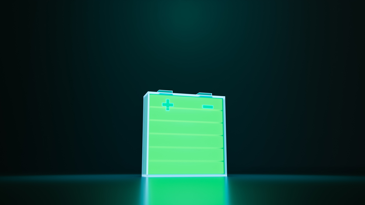 Glowing power neon light futuristic energy storage, high capacity rechargeable lithium ion battery, 3D rendering of future electric vehicle clean energy technology concept
