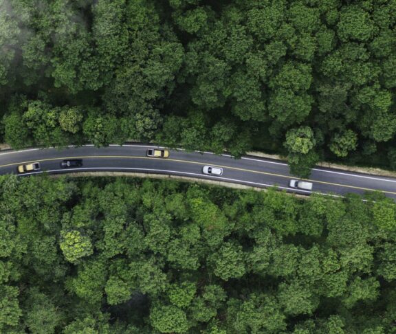 car on road midst forest and natural. Environmental friendly travel. Sustainable transportation and green logistic to Net zero carbon emission for Save earth.