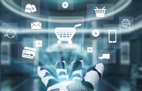 Futuristic Robot Hand Interacting with E-Commerce Icons and Data in a High-Tech Retail Environment