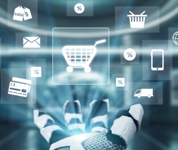 Futuristic Robot Hand Interacting with E-Commerce Icons and Data in a High-Tech Retail Environment