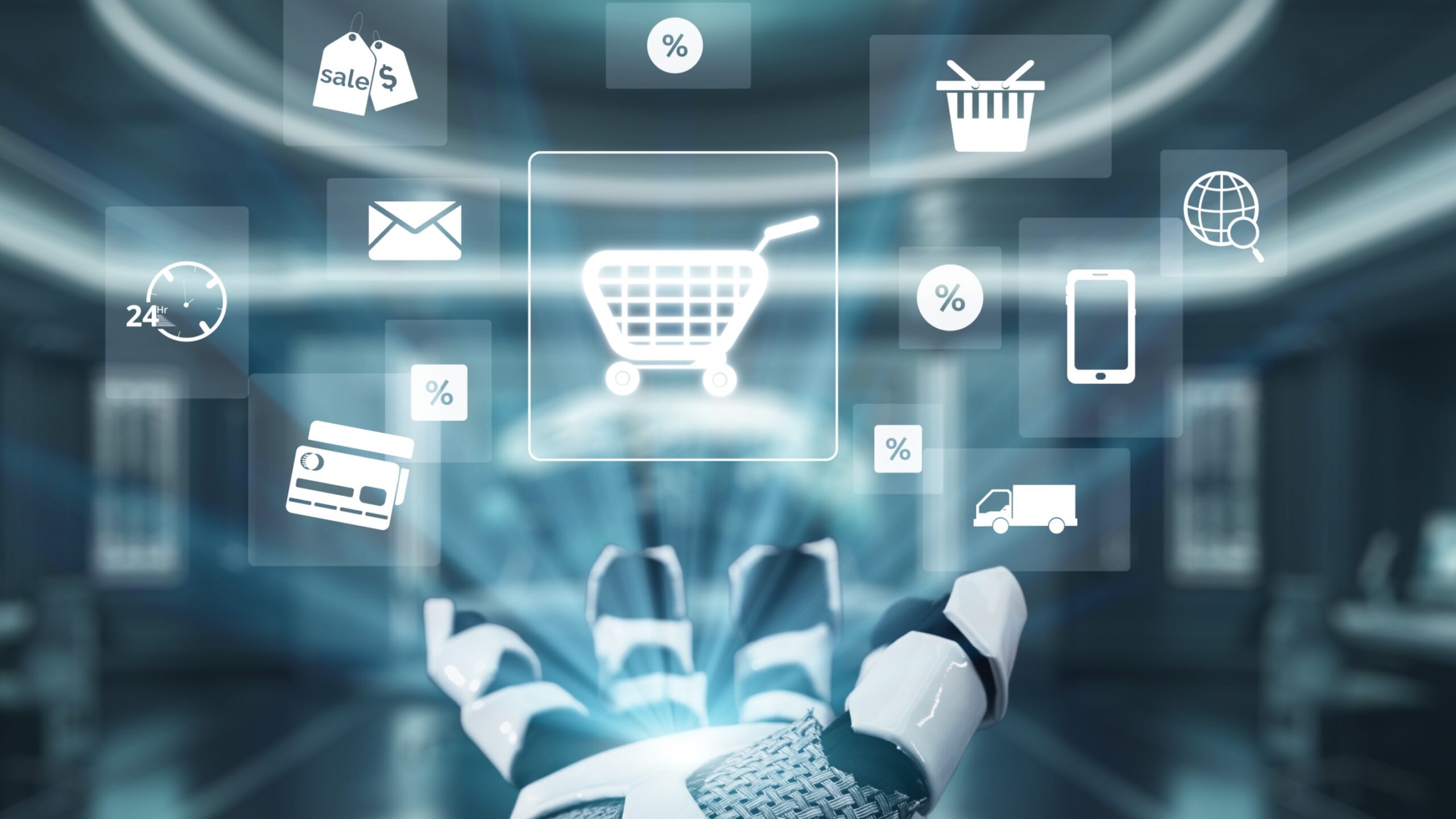 Futuristic Robot Hand Interacting with E-Commerce Icons and Data in a High-Tech Retail Environment
