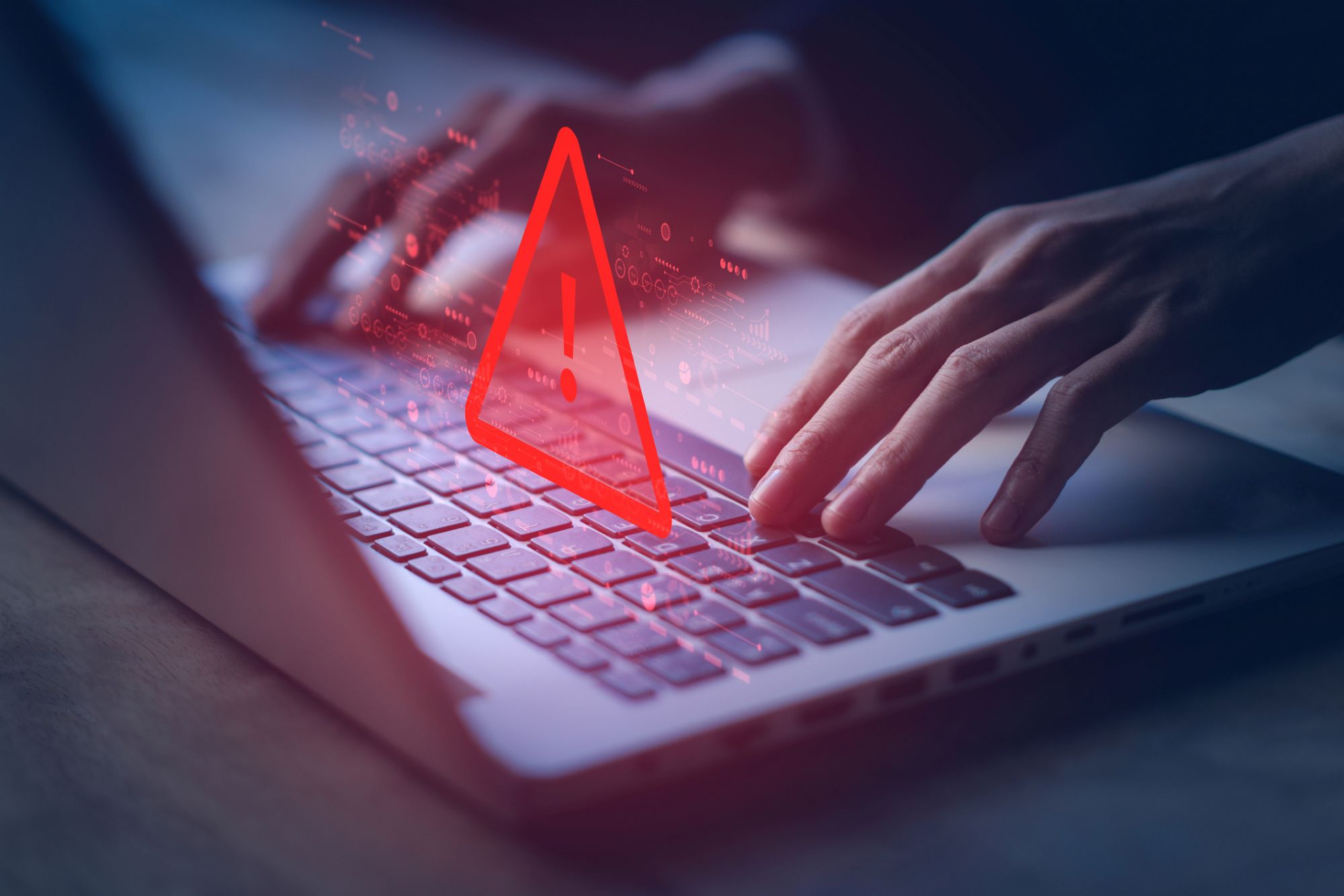 System hacked warning alert on notebook (Laptop). Cyber attack on computer network, Virus, Spyware, Malware or Malicious software. Cyber security and cybercrime. Compromised information internet