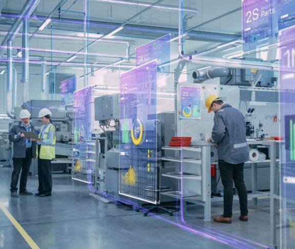 Factory Digitalization: Two Industrial Engineers Use Tablet Computer, Big Data Statistics Visualization, Optimization of High-Tech Electronics Facility. Industry 4.0 Machinery Manufacturing Products