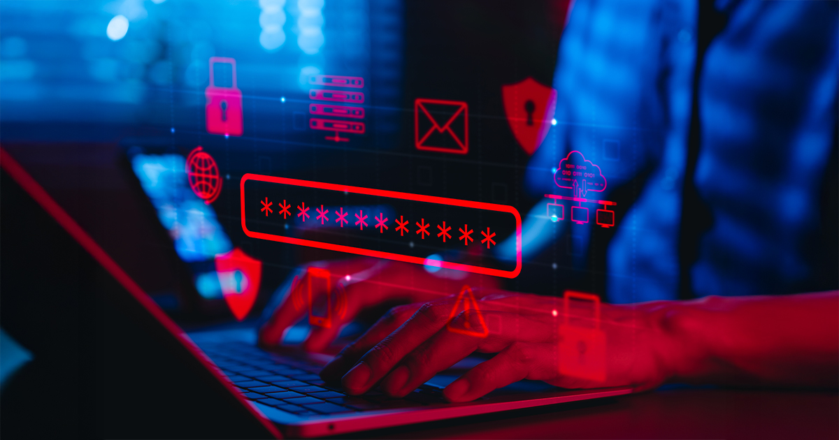 Osoba wpisująca hasło na laptopie, otoczona cyfrowymi ikonami bezpieczeństwa w cyberprzestrzeń