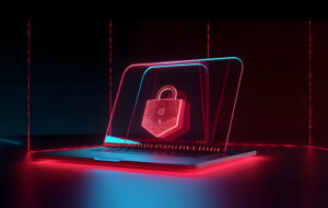 Laptop z hologramem kłódki symbolizujący ochronę przed atakami ransomware