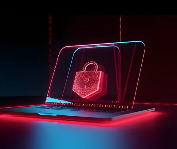 Laptop z hologramem kłódki symbolizujący ochronę przed atakami ransomware
