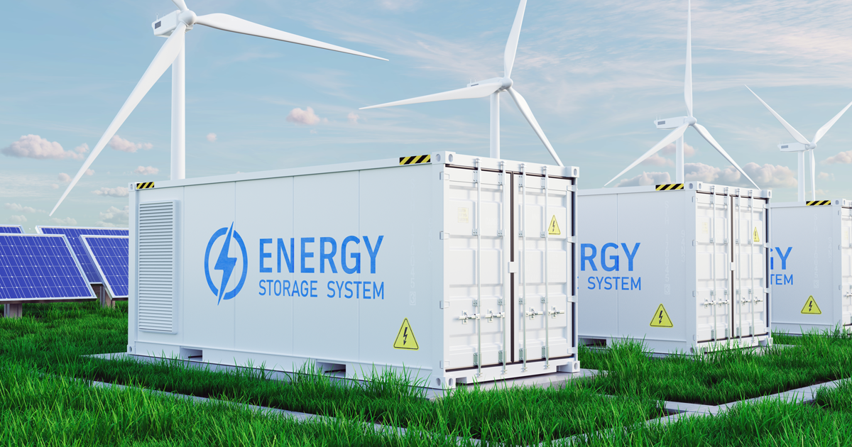 Energy storage systems with Solar farm and windmills. Battery container, renewable battery storage concept. 3d rendering